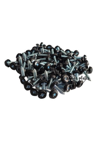 100 black polytop screws in a pile