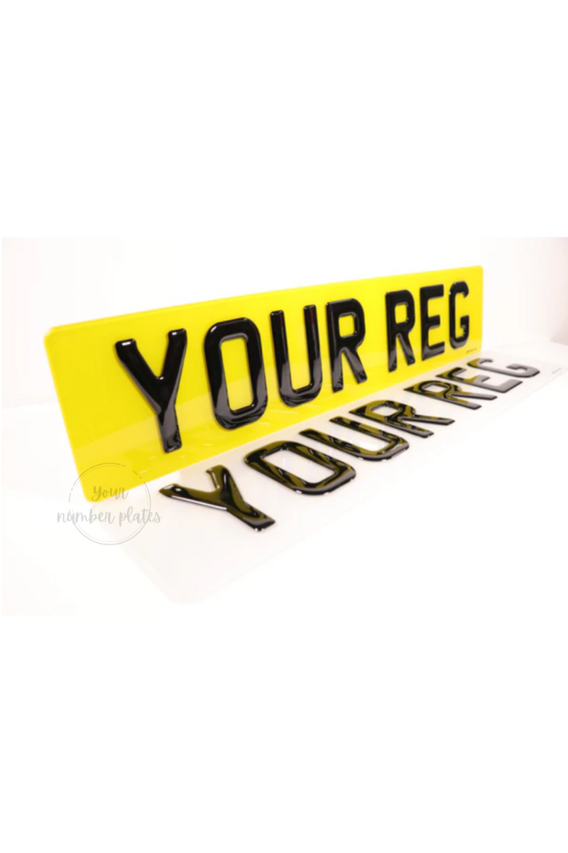 Yellow and white reflective with black 3d gel letters saying "your reg"