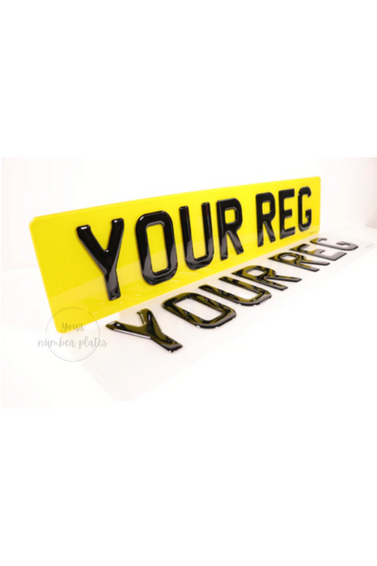 Yellow and white reflective with black 3d gel letters saying "your reg"