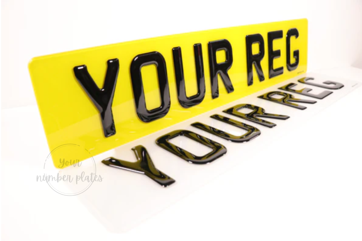 white and yellow number plate with 3d gel letters saying "your Reg"