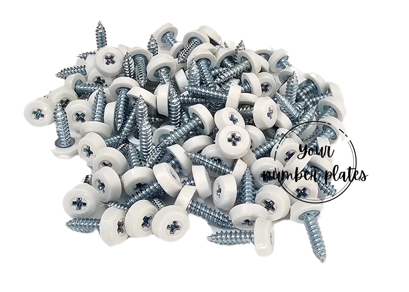 close up of 100 white polytop screws